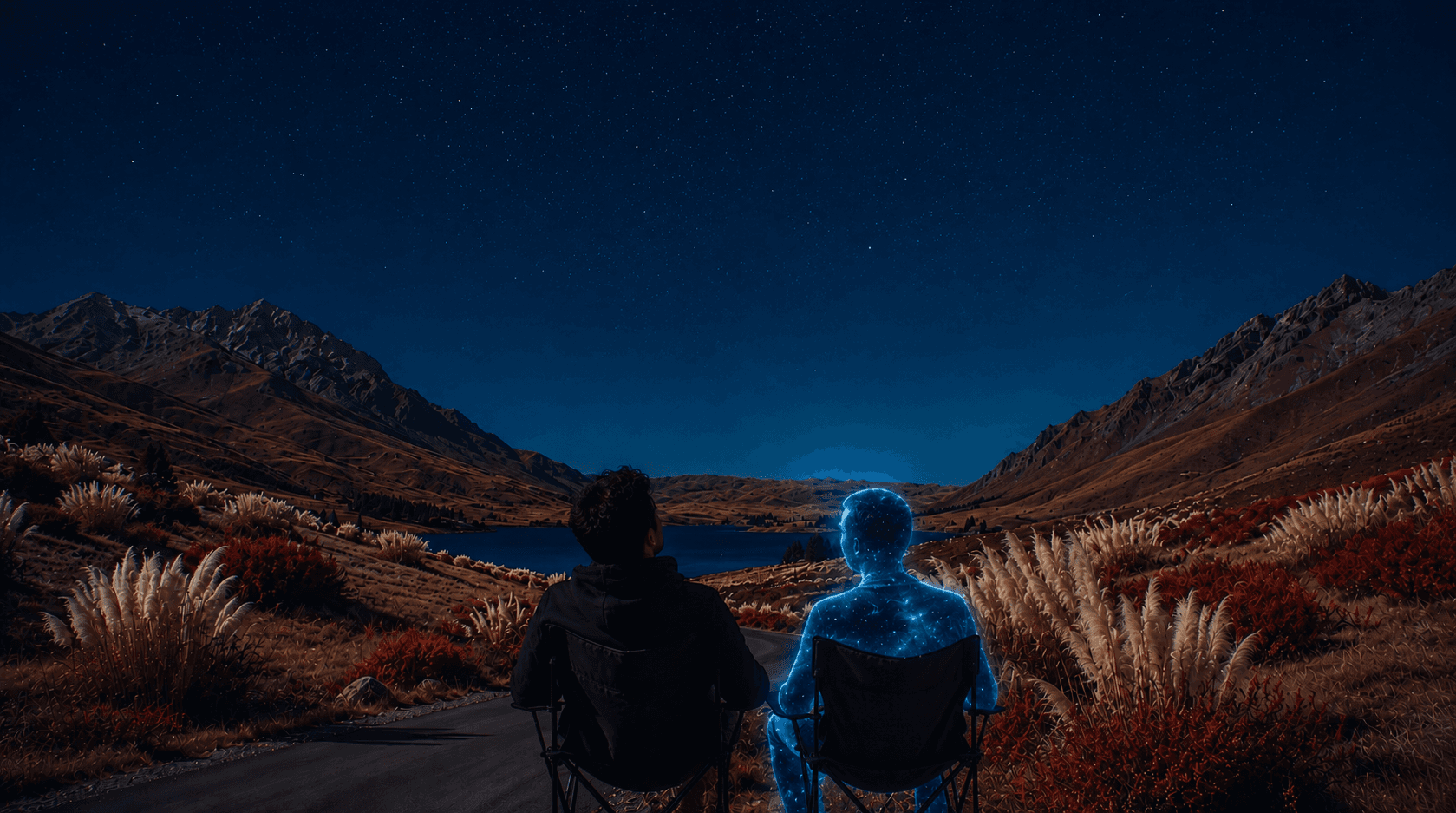 Scenic dusk mountain and lake background